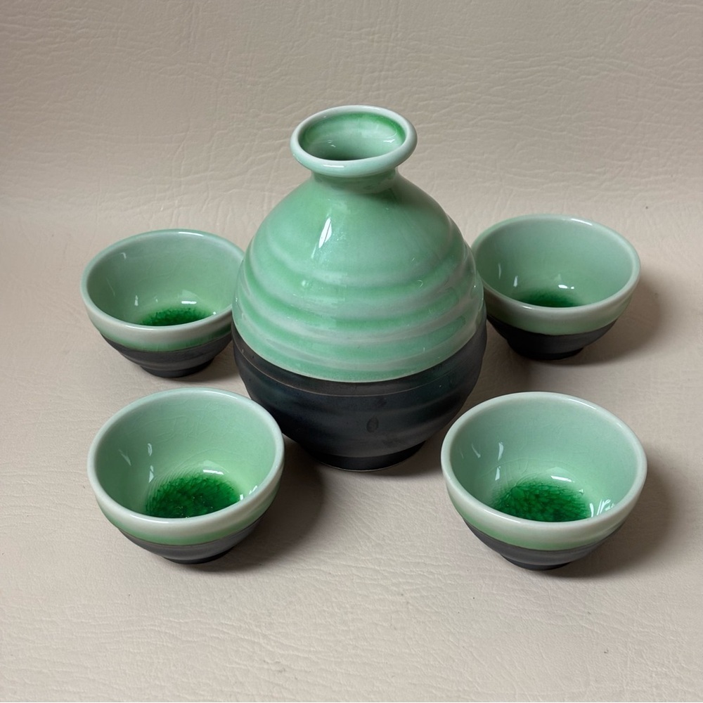 KAFUN SAKE SET JAPANESE CELEDON, TURQUIOSE AND BLACK